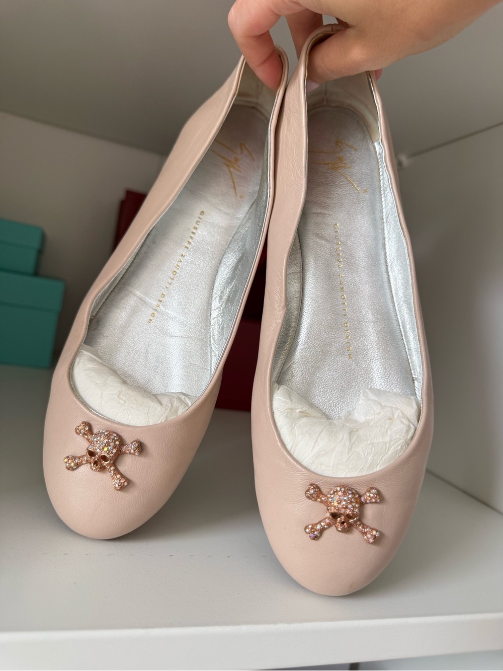 Giuseppe Zanotti Blush Pink Crystal Skull Ballet Flats